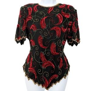 Scala Vtg Short Sleeve Chili Peppers Silk Sequined Beaded Blouse Evening Top, M